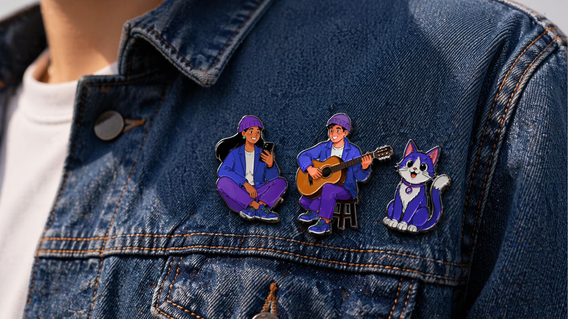 Perfect character enamel pins worn on a denim jacket