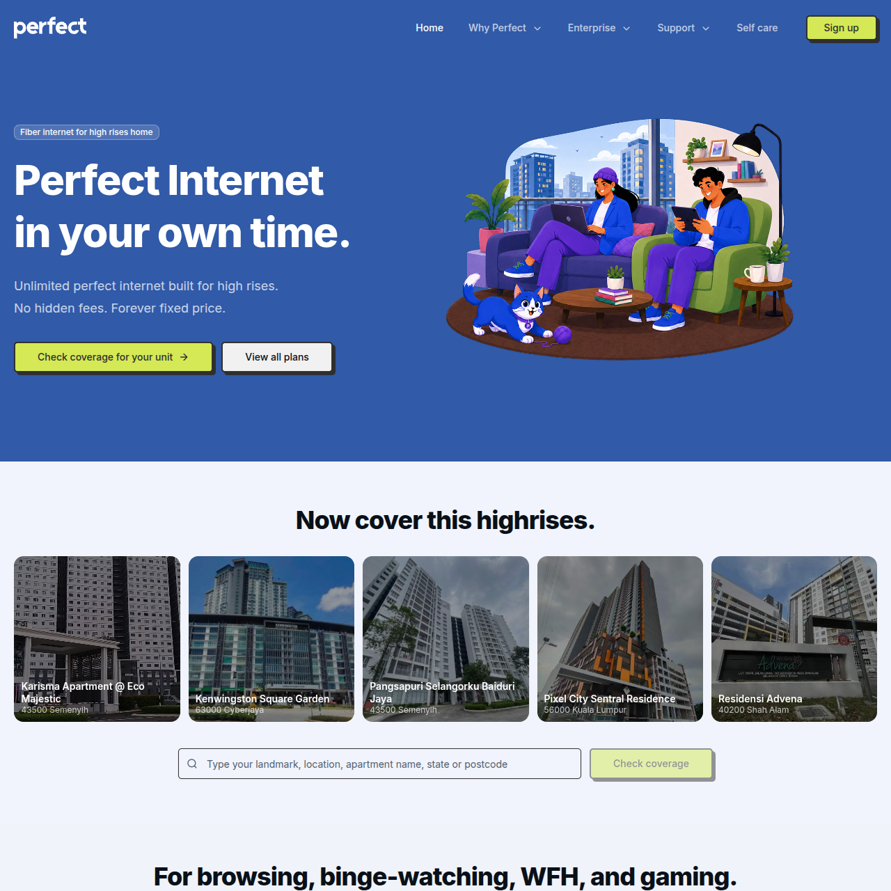 Perfect Internet homepage with coverage checker and plan options