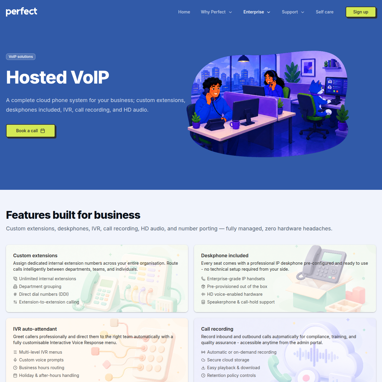 Perfect Internet hosted VoIP page for business customers