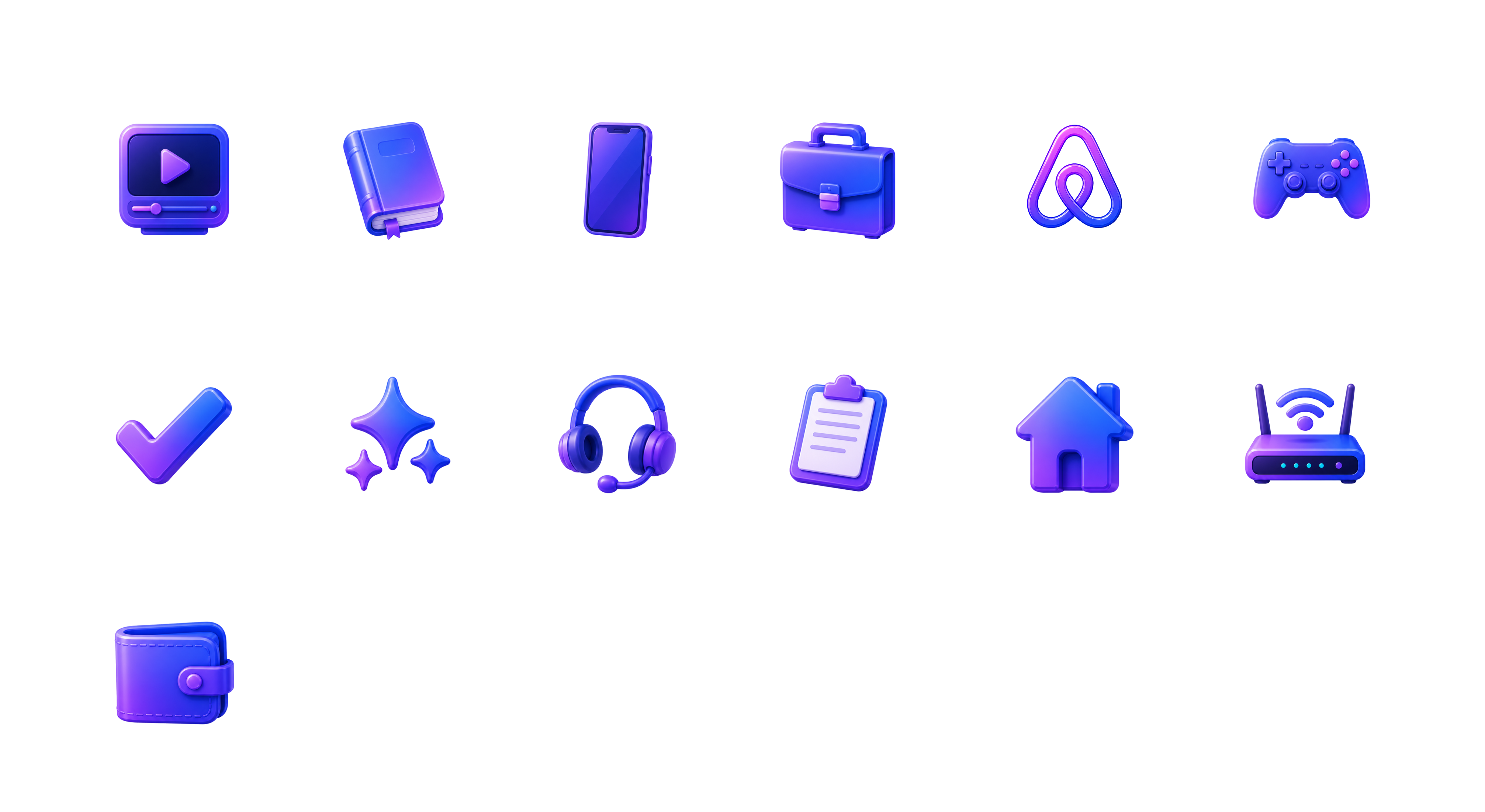 Perfect 3D icon set covering entertainment, work, home, support, and connectivity