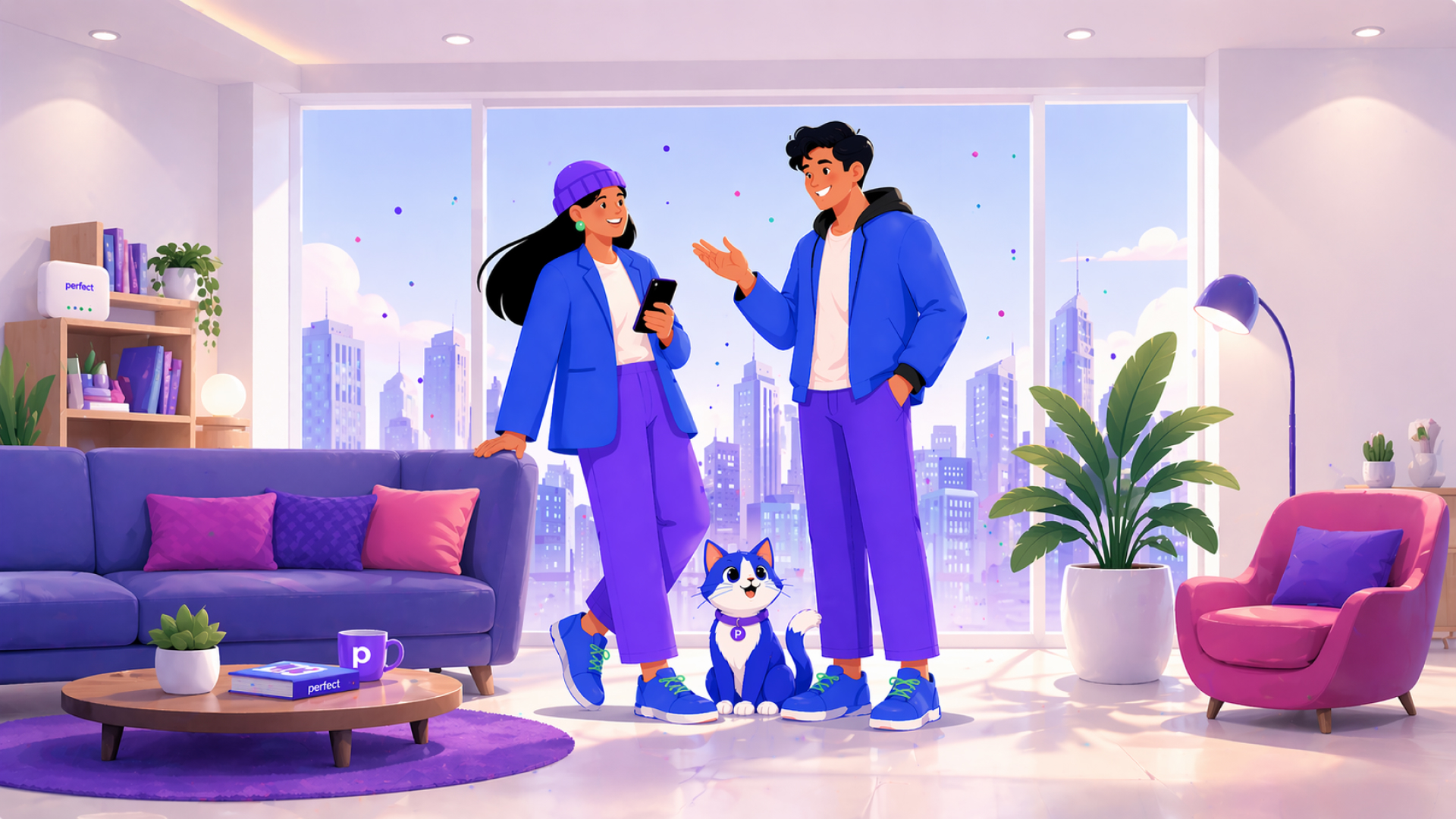 Illustration of the Perfect characters and blue cat in a modern high-rise living room