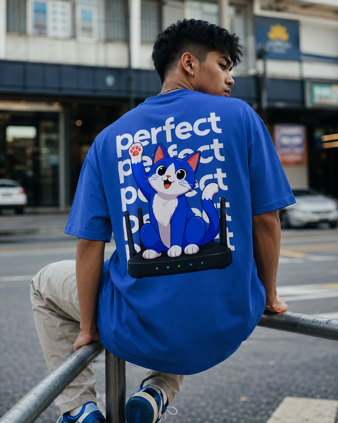 Person wearing a Perfect t-shirt with the blue cat mascot and router artwork