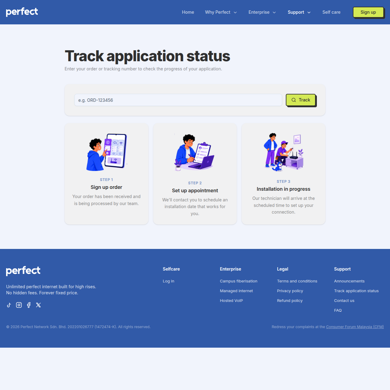 Perfect Internet application tracking screen with sign-up, appointment, and installation steps